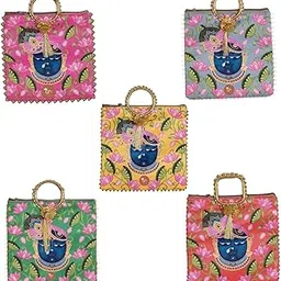 Potli Bag for Women Ethnic Silk Brocade Pouch Shreenathji Design Purse Traditional Lotus Print Gift Bags Ladies Batwa Handmade Clutch Handbag 9x8 Inches [10 Pack Multicolour]-image-26