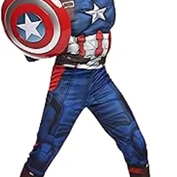 Wanna Party WP Deluxe Muscle Chest Captain America Costume/Superhero Costume/Classic Captain America Muscle Costume Suit,Age 5-7 Years, Size M - Polyester, Blue-picture-12