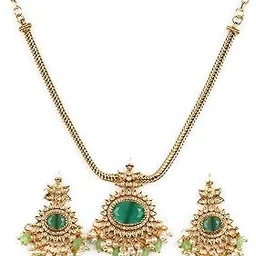 sasitrends Temple Matte Gold Plated Oval Pendant Necklace Set with Pearl and Stone Beads-picture-19