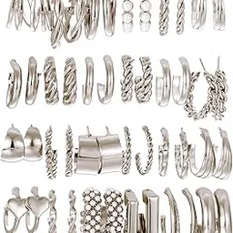 24 pairs Combo Celebrity Inspired Trendy Latest Stylish Silver Plated Geometric Twist Pearl Hoop Dangle Earrings for Women and Girls-image-40
