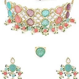 zaveri pearls Multicolor Stones & Cluster Beads Drop Kundan Choker Necklace Earring & Ring Set For Women-ZPFK16079-picture-19