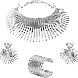peora Silver Plated Classic Choker Necklace Dangle Earrings & Cuff Bracelet Statement Fashion Jewellery Set for Women-picture-47