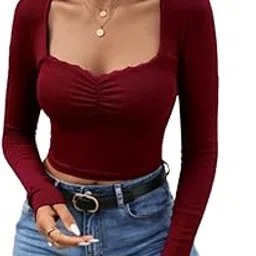 glare & blair Sweetheart Neck Lace Trim Long Sleeve Regular Fit Ribbed Tops for Women-picture-56