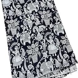 FabSwadesh - Kalamkari Cotton Unstitched Fabric - 2.5 Meter - Black Village Theme-picture-28