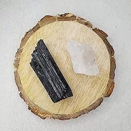Black Tourmaline and Clear Quartz AAA Grade Raw Natural Crystal Combo with Wooden Natural Bark Coaster for Healing, Meditation and Manifestation-image-0