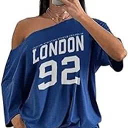 sxv style London 92 Summer Casual Letter Print Loose Off Shoulder T-Shirt-picture-23