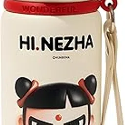 Hi Nezha Insulated Water Bottle, 500ml, Double Wall Vacuum Insulated, Cartoon Design with Strap, White and Red-picture-10