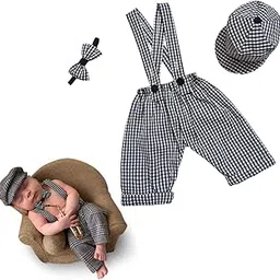 the root & craft Kids (Set of 3) Cap, Bow & Suspender Pant Baby for New Born (3-6Months)Photoshoot Outfit Black & white (Cotton)-picture-53