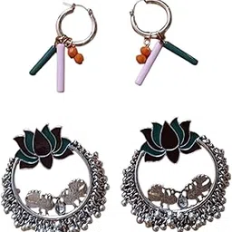 Stylish earrings ring for girls with Oxidised earring rings for girls, Lotus Hoop Earrings, Teal Enamel Work, 4.5 cm, Statement Piece with Beaded Border-image-0