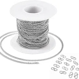CRAFTS HAVELI Jewellery Making Metal Link Extender Chain for Craft & DIY, Silver Color (10 Meter, 1MM) + 50 S Hook Clasps – Perfect for Necklaces, Bracelets, and Crafts image 1