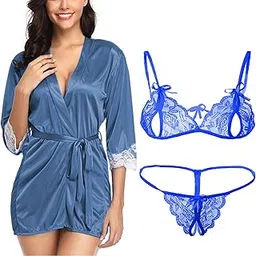 Women Satin Robe with Bikini Lace Bra Panty Lingerie Set-image-99