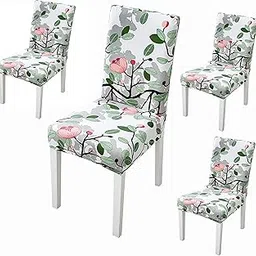 House of Quirk Polyester Stretch Removable Washable Short Dining Elastic Chair Cover Protector Seat Floral Slipcover (4 Chair Cover, Leaf Pink Flower)-picture-26