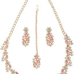 American Diamond AD Stone Studded Floral & Leaf Shaped Rose God Plated Purple Choker Necklace with Dangle Earring Maangtikka Jewellery Set for Women & Girls|NS107393-image-32