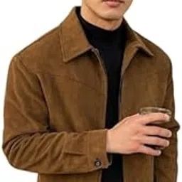 yoonikk Classic Suede Jacket, Brown Leather with Zip Front, Black Turtleneck Style, Casual Outerwear for Men image 1