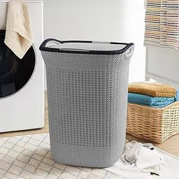 PrettyKrafts 60L Plastic Laundry Basket with Lid | Large Clothes Laundry Basket & Storage Bin | Toy Storage Basket | Multipurpose Storage Organiser | 61x45x35cm | Grey image 1