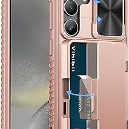Vihibii for Samsung Galaxy S24 Back Cover with Card Holder (4 Cards) & Slide Camera Cover & Kickstand, Shockproof Rugged Hard Back & TPU Soft Edge Case for Galaxy S24, Rose Gold-picture-11
