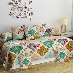 Pure Cotton 8 Pieces Diwan Cover Set with 1 Single Diwan Bedsheet, 2 Bolster Covers and 5 Cushions Cover | Multi Color-image-94