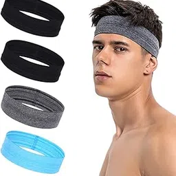 Ubervia® Mens Headband (4 Pack), Mens Sweatband & Sports Headband for Running, Cycling, Basketball - Stretchy Moisture Wicking Hairband (Black/Black/Grey/Sky Blue)-image-38