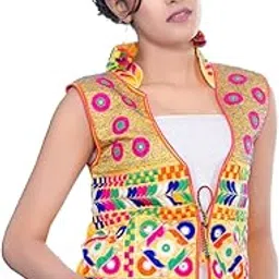 Outerwear Ayam Exports Womens Multicolor Cotton Handmade Traditional Rajasthani Design front Embroidered Kutchi Work Jacket,Option1,Length: 19-20-image-99