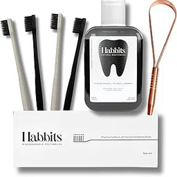 Habbits Natural Oral Care Bundle | Charcoal Mouthwash + Copper Tongue Cleaner + 4 Biodegradable Wheatstraw Toothbrushes | Vitamin Enriched & Fluoride Free | SLS Free & FDA Certified | Pack of 3-picture-17