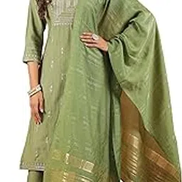 janasya Women's Sage Green Silk Blend Embroidered Straight Kurta Set-picture-10