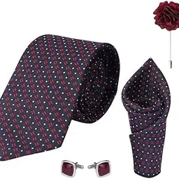 calixto Check design micro print fine Necktie Gift Set With Pocket Square, 2 pcs Cufflinks & Lapel Pin Formal Tie With (Leatherite Gift Box) (Pack of 4 pcs) (Red & Blue)-picture-17