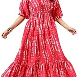 femvy Women's Floral Printed Maxi Gown | V-Neck, Puff Sleeves, A-Line Long Gown for Casual, Party 219(12)-picture-20