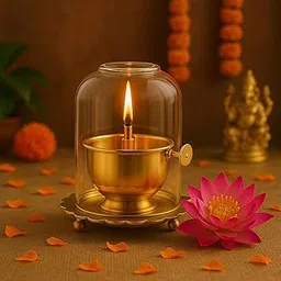 Sukhakarta 100% Pure Brass Akhand Jyot Diya | Adjustable Batti Knob | Ideal for Working 8 + 8 Hours Pooja Timings| Glass Cover| Plate Diameter 3.5”- Height 3.00” | Stays Lit for 8 Hours| 60ml Approx-picture-30