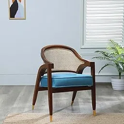 THE MUEBLES STORE Sheesham Wood & Rattan Arm Chair for Living Room, Home, Bedrroom | Walnut Finish, Sky Blue Upholstery-image-1