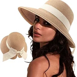 rr design Women's Straw Sun Hat, Wide Brim Beach Hat with Bow, UPF 50+ UV Protection, Foldable Summer Travel Hat, Medium 56-58cm-Khaki Red-picture-28