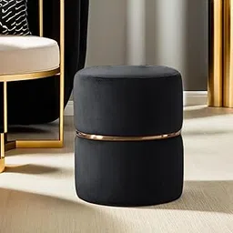 Wooden Puffy Round Footstool - Ottoman Stool for Living Room Furniture Round Ottoman - Sitting Pouffe Ottoman Stool/Room Dcor/Office Stool - Black-image-1