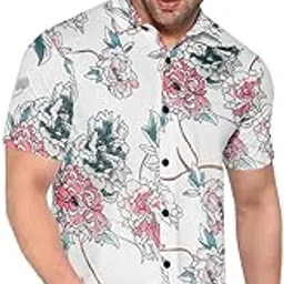 Men's Floral Print Short Sleeve Shirt, White with Pink and Blue Flowers, Casual Button Down Stretchable Cotton Blend Shirt for Men-image-97