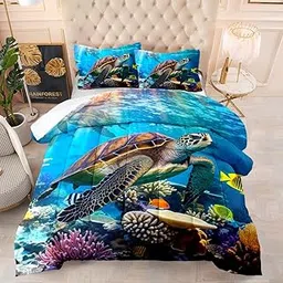 DYcolor Deep Blue Sea Turtle Bedding Quilt, 3-Piece Tropical Fish Coral Reef Sea Creatures Comforter Set with 1 Comforter and 2 Pillow Cases for Kids, Teens (06, Twin)-image-5