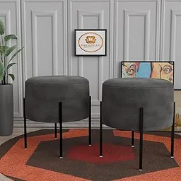WOODREAM Pouffes Sitting Stool for Living Room, Mudda Puffy Wooden Ottoman Stools, Kitchen Pouffe Footstool for Home Decoration & Dressing Table, 17x17 Inch, Round (Grey, Set of 2)-picture-26