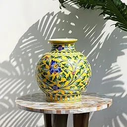 India Meets India Ceramic Flower Vase [Yellow], Decorative Curved Flower Vase for Home Décor/Living Room/Office/Table Top/Dining Area and Windowsill Décor, 8 INCHES-image-51