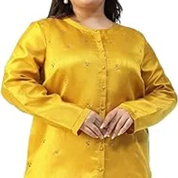 Women Plus Size Round Neck Long Sleeve Embelished Detail Button Down Dupion Poly Silk Shirt-image-64