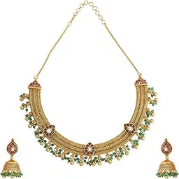 Fashion Jewellery Ruby-Green Gold Polished Copper Antique Necklace Set for Women, With Push Back Earrings, Best for Bridesmaid - 435566-image-76