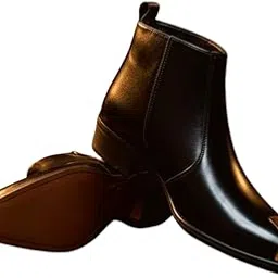 Men's Black Leather Chelsea Boots with Gold Metal Toe Cap, Formal Business Ankle Boots, Slip-On Design-picture-23