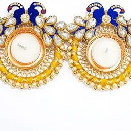 Vrindavanstore.in Yellow & Golden Peacock Tealight Candle Holder Set | Kundan Stone & Pearl Work Decorative Diya Stand for Diwali, Wedding, Mandir & Home Décor | Festive Gifting Pair image 1