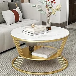 Heritage Crafters Round Coffee/Nesting/Side/Center Table with Marble Finish Wooden White Top, Handmade with Metal Base, for Living Room, Drawing Room, or Balcony (White & Gold)-picture-16