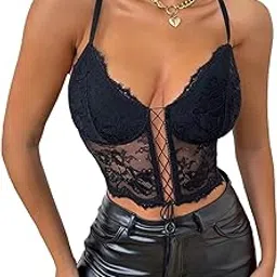 quecy Women's Sexy Lace Corset Crop Top Y2K Sleeveless Spaghetti Strap Cami Tanks Push Up Bustiers Corsets Clubwear |J-Sleeveless Black |M-picture-13