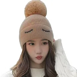 Winter Cap for Women Cute Eyelid Embroidery Korean Style Beanie with Pompom Double Layers (Soft Warm Cotton Inside) Knit caps Lightweight Beanie Cap for Women Daily Use Autumn & Winter-image-13