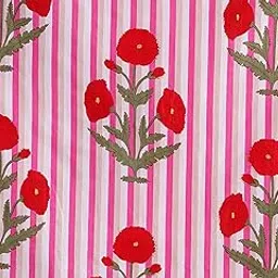 Ravaiyaa - Attitude is everything Handmade Stripe Floral Print Natural Running Loose Fabric Women Dress Making Pure Cotton Fabric (2.5 Yard)-picture-52