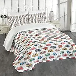 Lunarable Cars Bedspread, Vintage Travel Trailers Colorful Vehicles Geometric Patterns Camping Holiday, Decorative Quilted 3 Piece Coverlet Set with 2 Pillow Shams, King Size, Coral Blue-picture-22