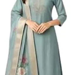 Women's Chanderi Silk Kurti with Rayon Slub Pants & Dupatta | Printed Three-Quarter Sleeve Ethnic Set 1 Pista-picture-21