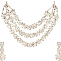 Three Layer Floral Stone Jewellery Set for Women | White Necklace with Earrings | Bridal Wedding Party Festival Collection-image-85