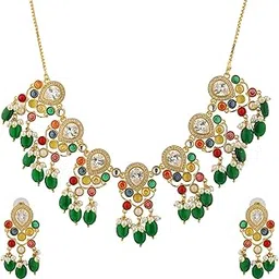 voylla Navratan Pear Of Divinity Collar Necklace Set For Women,Wedding,Festive,Pooja,Multicolor,Gift Fo Women & Girls image 1