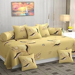 JIZZBY "60X90 Polycotton Printed Single Diwan Set Covers (1 Single Bedsheet, 2 Bolster Covers, 5 Cushion Covers)-picture-14