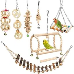 Bird Toys, 8 Packs Natural Wooden Parrot Swing Set with Chewable Perches, Colorful Cage Accessories for Small Birds Like Parakeets, Cockatiels, Conures and Lovebirds image 1