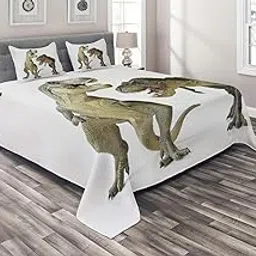 Ambesonne Dinosaur Coverlet, Tyrannosaurus Rex Pair Facing Off Ferocious Creatures Prehistoric Predators, 3 Piece Decorative Quilted Bedspread Set with 2 Pillow Shams, Queen Size, Ivory Brown Grey-image-23